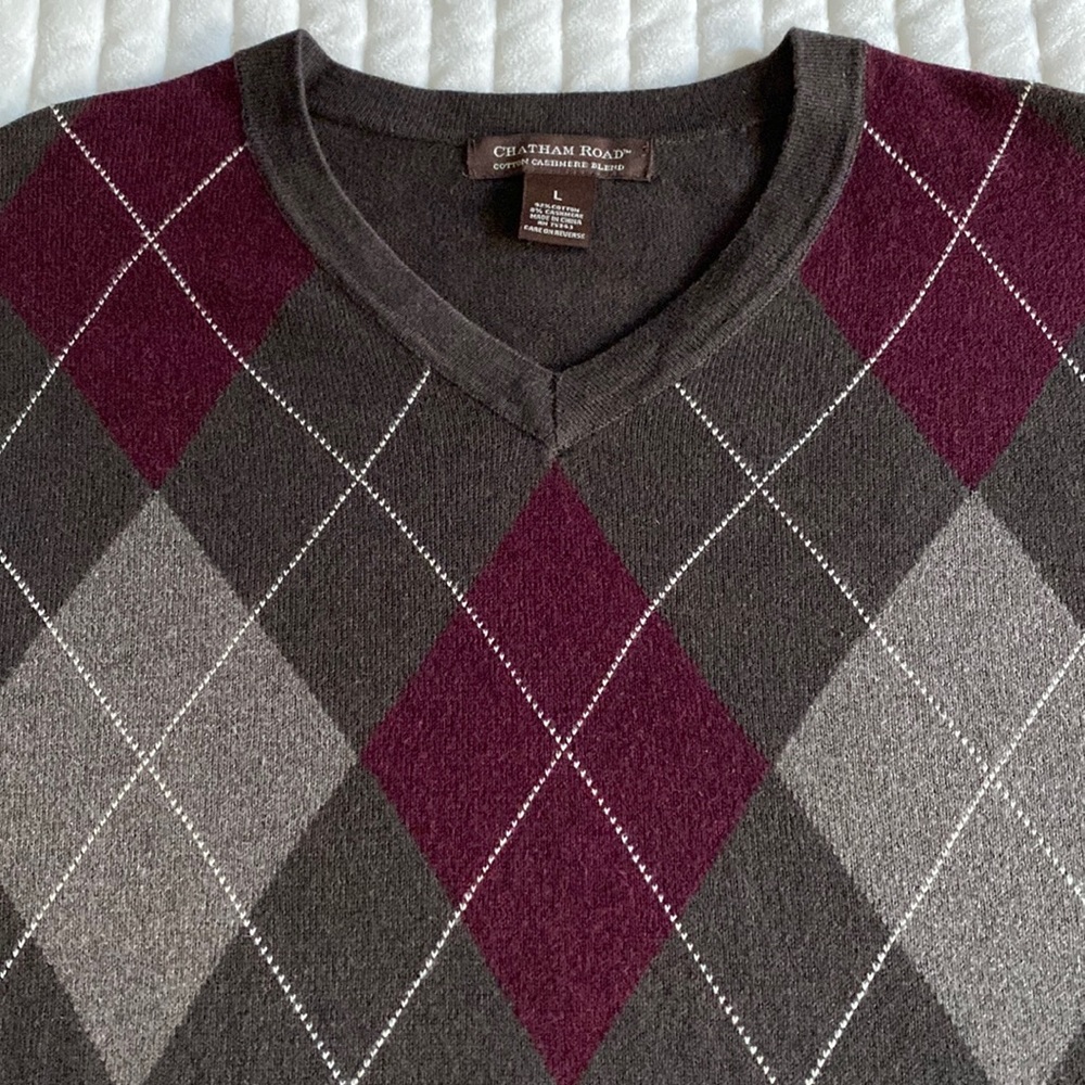 CHATHAM ROAD V-neck Long Sleeve Sweater Argyle Cashmere Blend